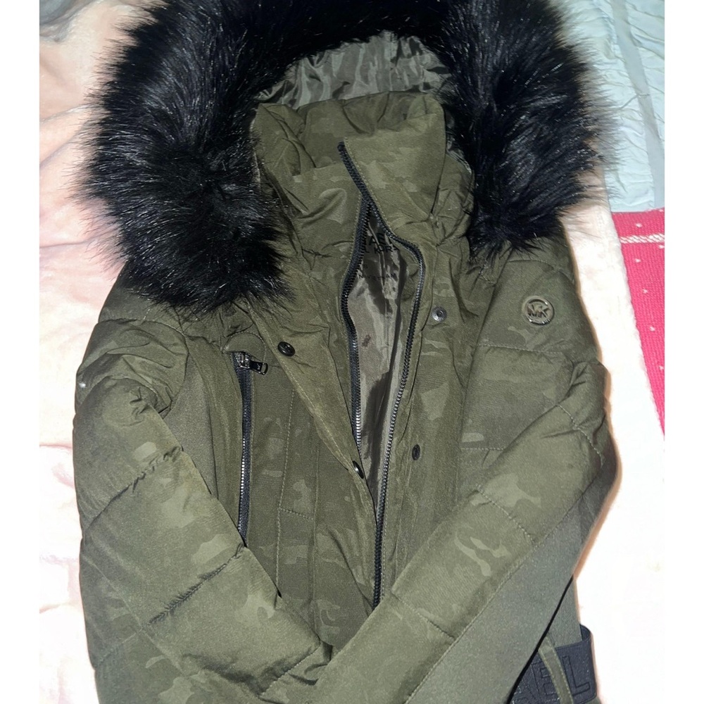 Women's Michael Kors Olive Green Puffer Jacket with Faux Fur Hood